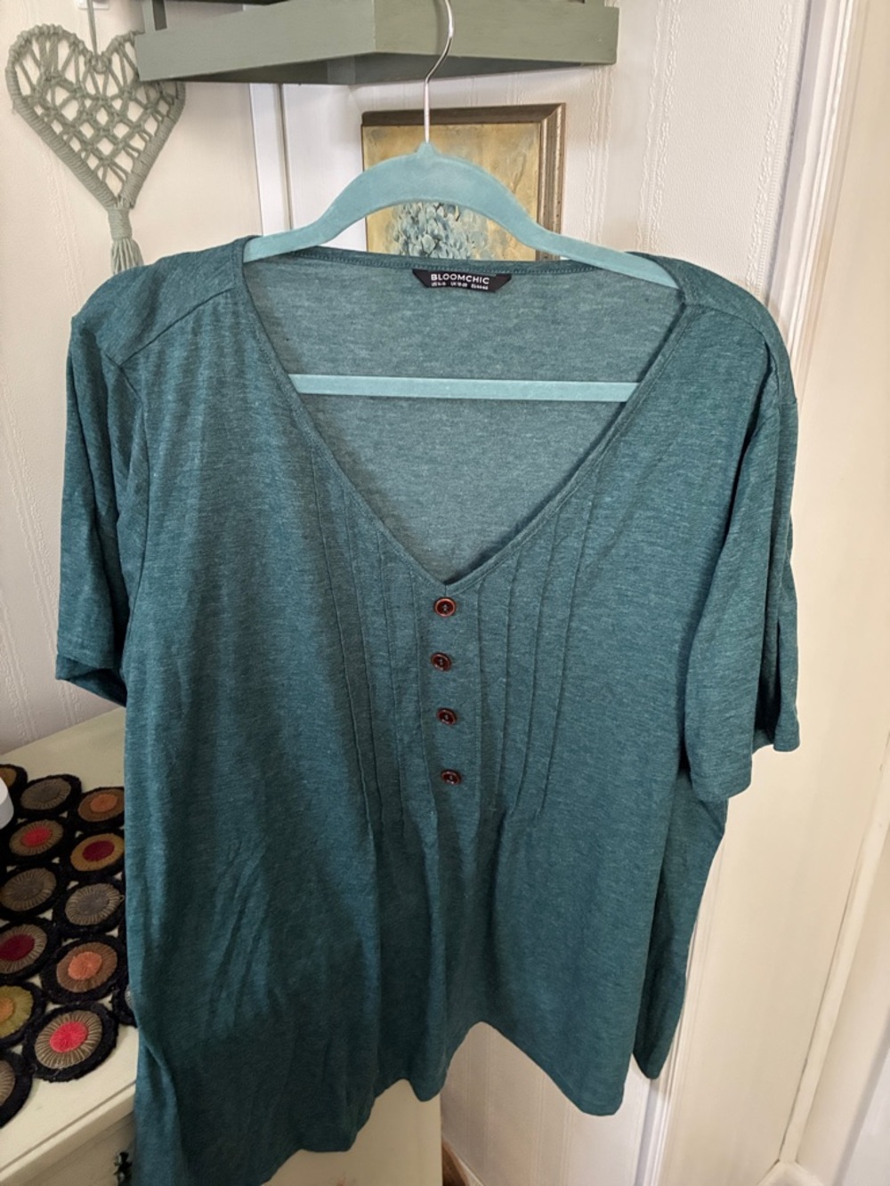 BloomChic Teal V-Neck Pintuck Button Top